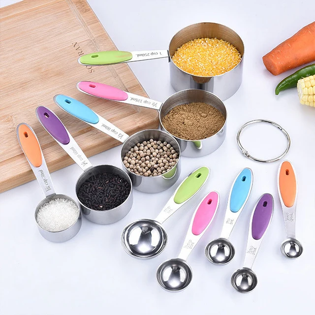 Wholesale kitchen tools silicone handle stainless steel adjustable measuring spoon cup set 10 pieces baking spoon set