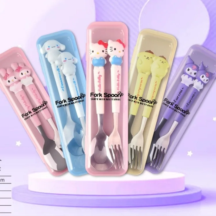 Hello KT Cartoon silicone handle kids tableware Stainless steel 2-piece spoon and fork set