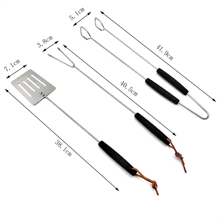 3Pcs BBQ Grill Tool Set Includes Spatula,Fork and Tong with Black Long Wooden Handle, for Picnic Camping Travel Cooking Grilling