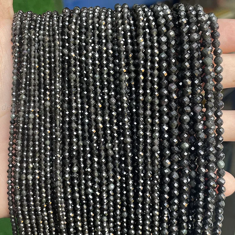2mm 3mm 4mm Wholesale Natural Faceted Black Gold Silver Obsidian Beads Strands, Faceted Stone Bead for Jewelry Making