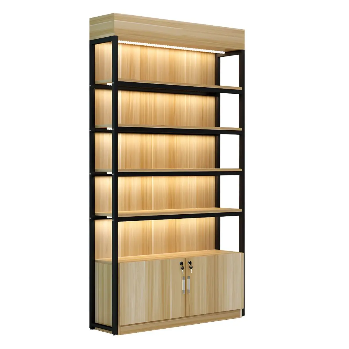 custom Supermarket wooden retail display shelving and metal cosmetic convenience grocery display cabinet stand for store