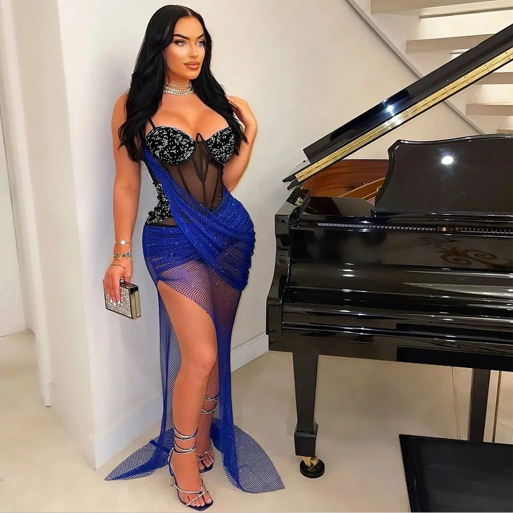 CY901098 Chic Concert Dress Corset Strap Bra Cocktail Club Party Mesh Dresses With Rhinestones