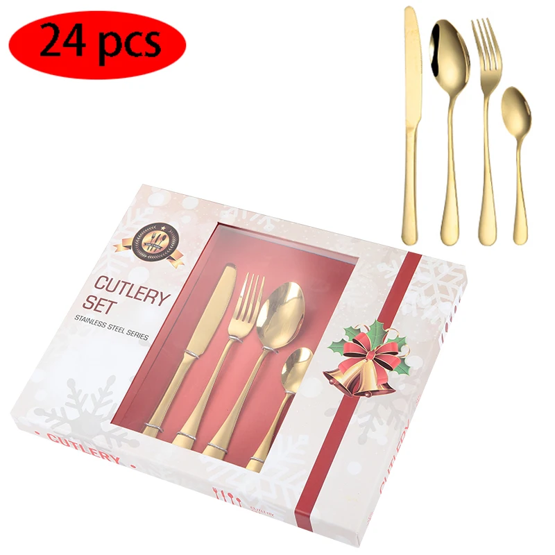 
Amazon hot selling metal flatware knife fork and spoon stainless steel 24pcs gold cutlery set with gift box case wholesale 