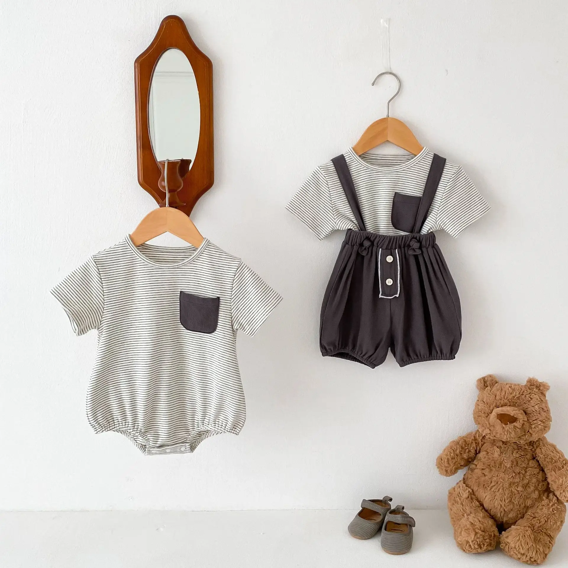 Summer Newborn Infant Toddler Boys Girls Clothes striped T-shirt Pocket Baby Boys Girls Jumpsuit romper