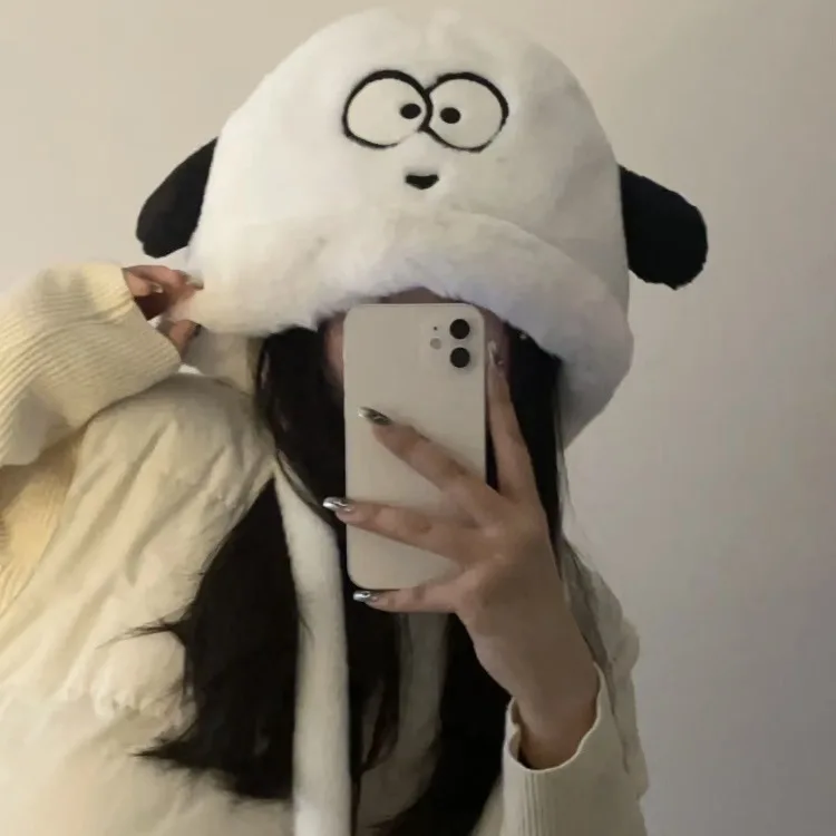 Cute Cartoon Puppy Plush Hat For Women Autumn And Winter Cycling Warm Ear Protection Hat Versatile Black And White Lace Up Hat