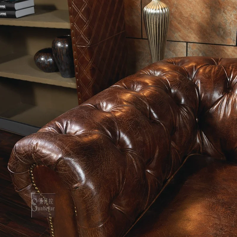 antique high quality genuine leather sofa luxury living room rustic tan leather chesterfield sofa set with tufted buttons