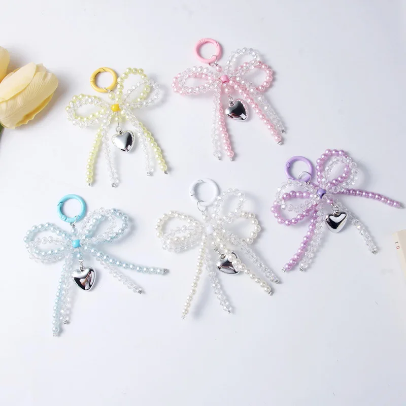 Pearl Bow Keychain Heart Key chain Cute Keyring Y2k Bowknot Key Holder Lady Bag car key Pendant Accessories Heart Sweet Keychain