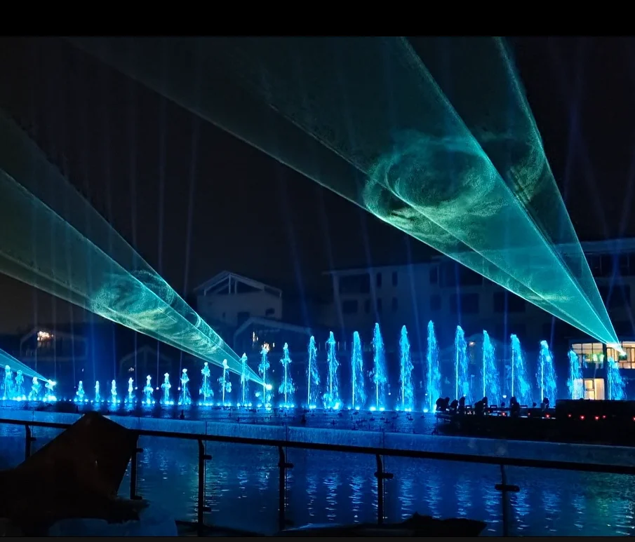 Large Scale 3D Dancing Jets Music Floating System Modern Stainless Steel Stone Water Fountain Design for River Garden Lake Park
