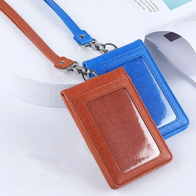Quality Business Style Magnetic Suction PU Leather Folding ID Card Holder With PU Neck Lanyard