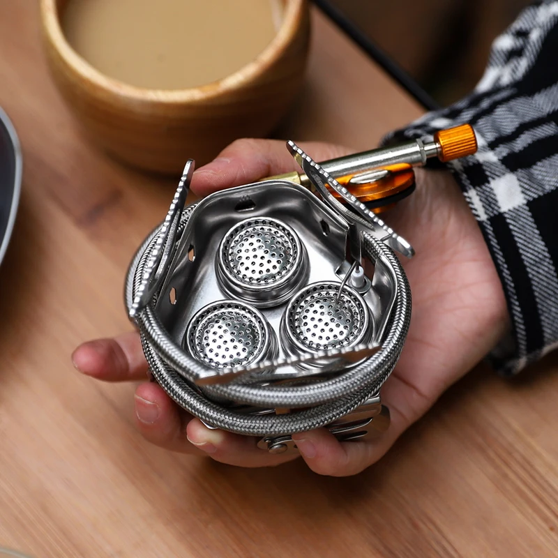 Portable Three-Head Stainless Steel Camping Gas Stove Windproof Mini Backpacking Burning Stove Travel Picnics Manual Iron Butane