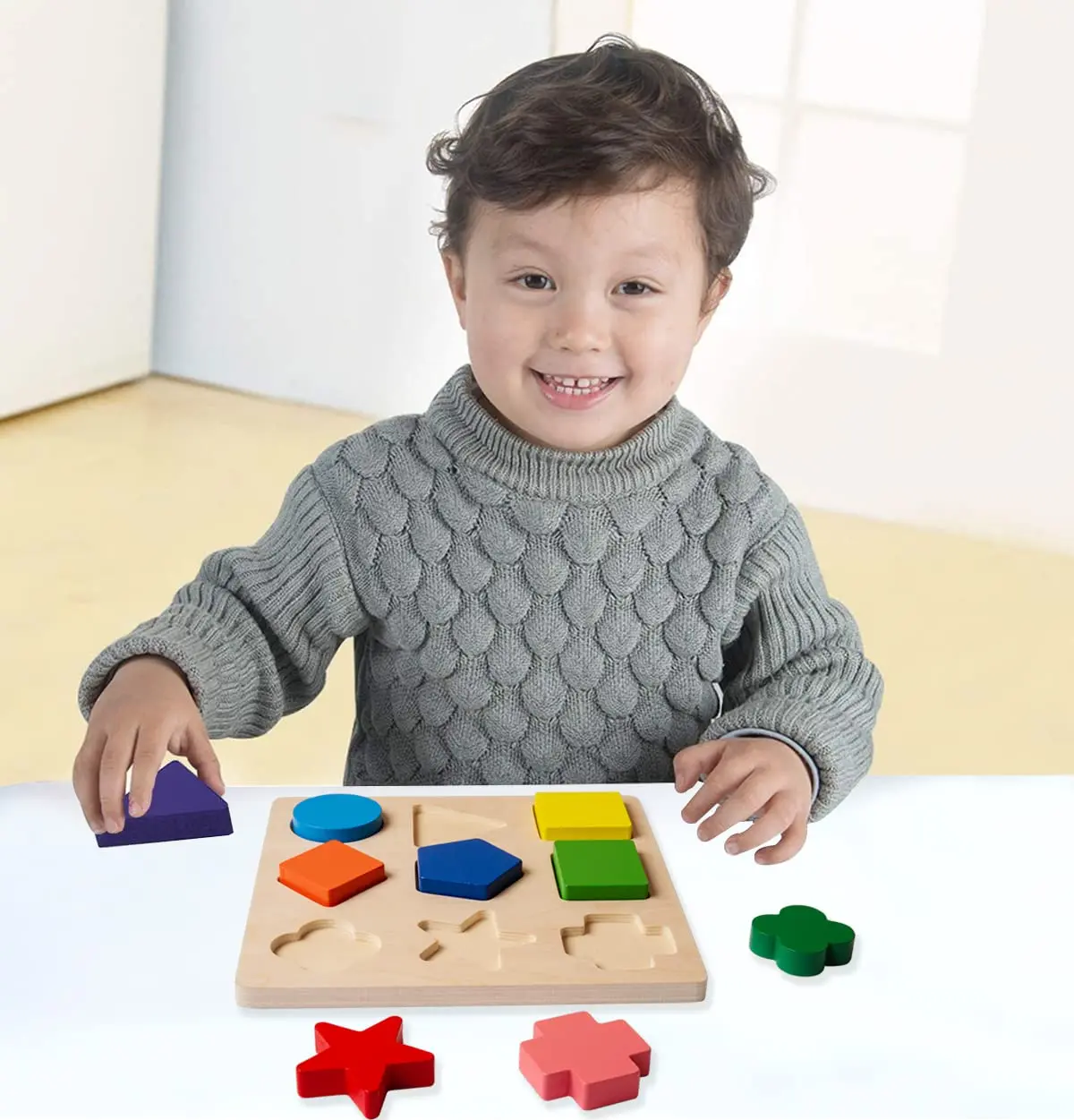 Preschool Colorful Wooden Shape Puzzle Sorter Blocks for Toddlers 18 Month