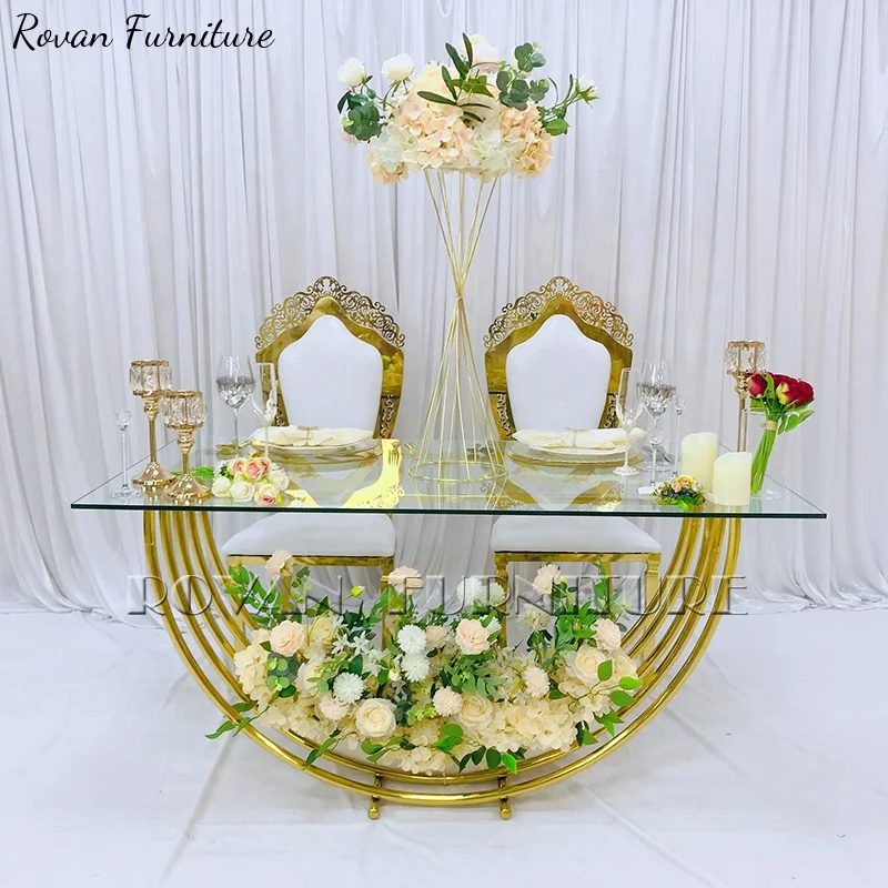 New design hot sale U-shape leg for the stainless steel  glass dining  party table  for wedding event used