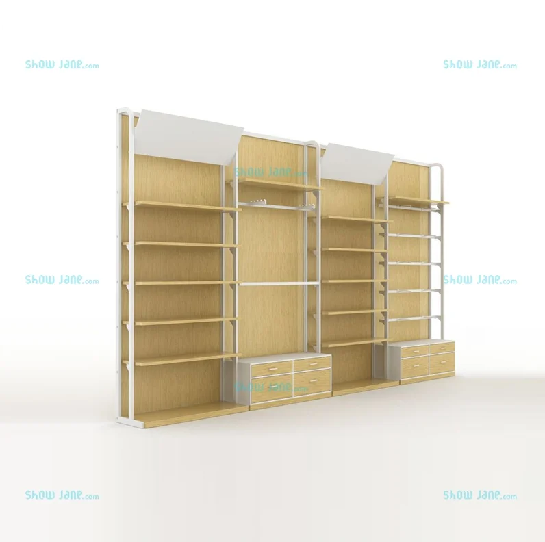 Hot Sale Miniso  Wood Supermarket Shelves Display Retail Display Stand  Clothing Showcase With Hanging Hook