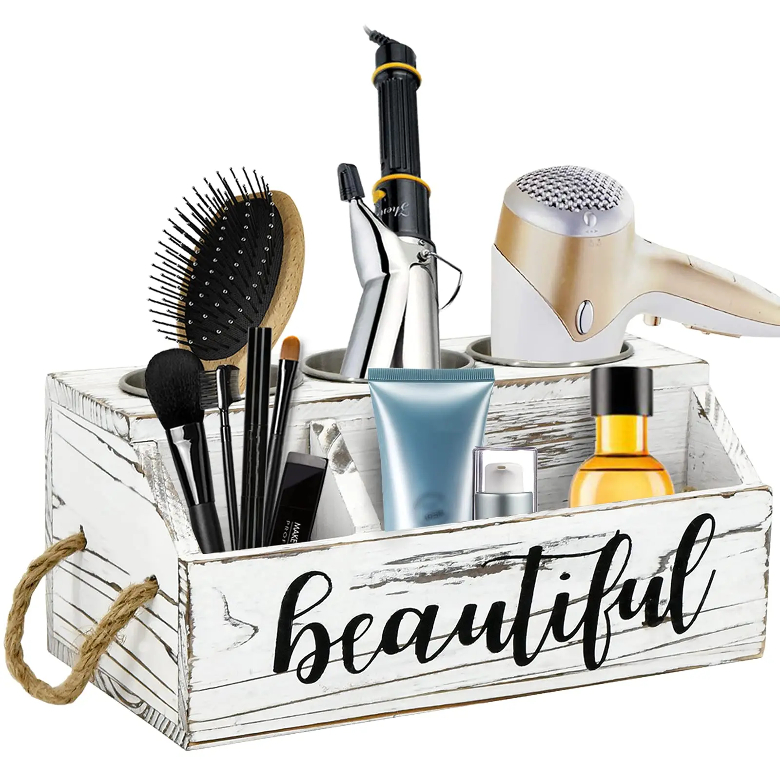 Free Sample Rustic Wood Hair Dryer Holder, Hair Styling and Care Tool Organizer with Natural Rope Handles, Bathroom Countertop