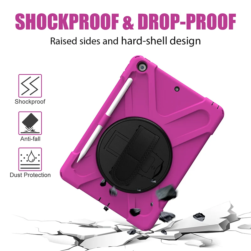 For iPad 10.2 2019 2020 kids soft thick silicone bumper PC rugged tablet case with hand strap 360 rotating foldable kickstand