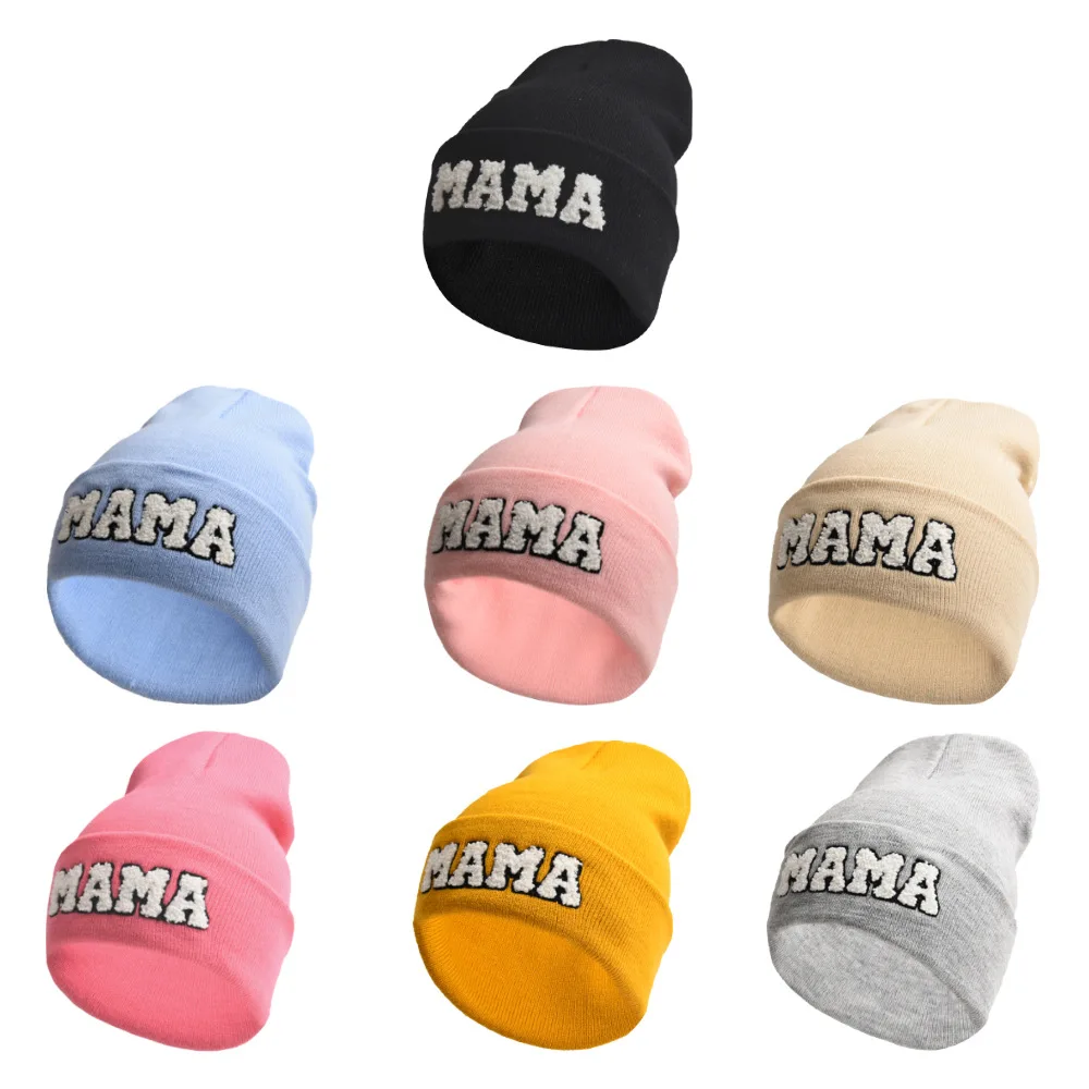 New Design Autumn Winter MAMA MINI Chenille Letter Embroidery Solid Color Warm Knitted Beanie Hat