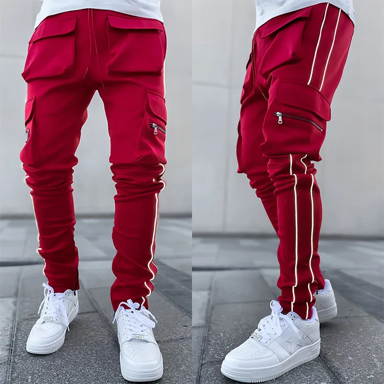 Cargo Pants Men Casual Fashion Drawstring Elastic Reflective Slim Sports Stacked Jogger Track Pants with Side Pockets