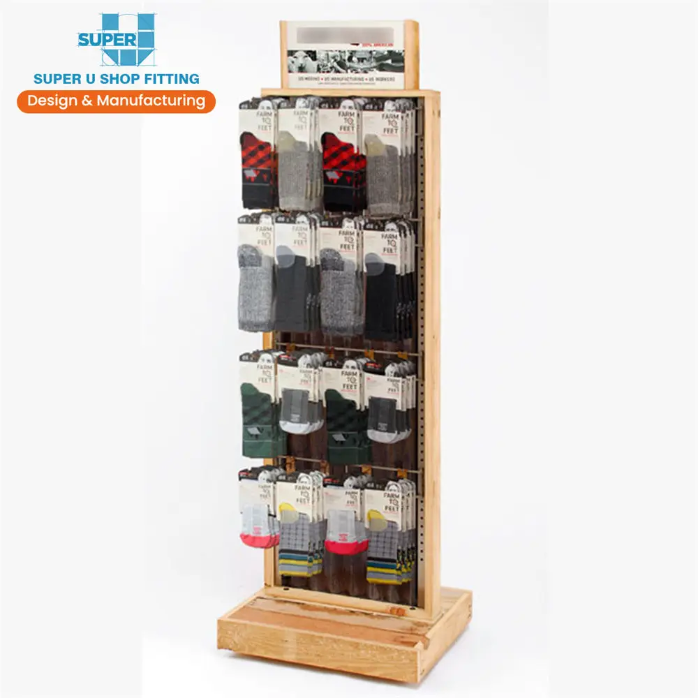 Custom Retail Sock Display Wooden Socks Sales Stand Furniture Footwear POP up Floorstanding Two Sided Mobile Display for Socks