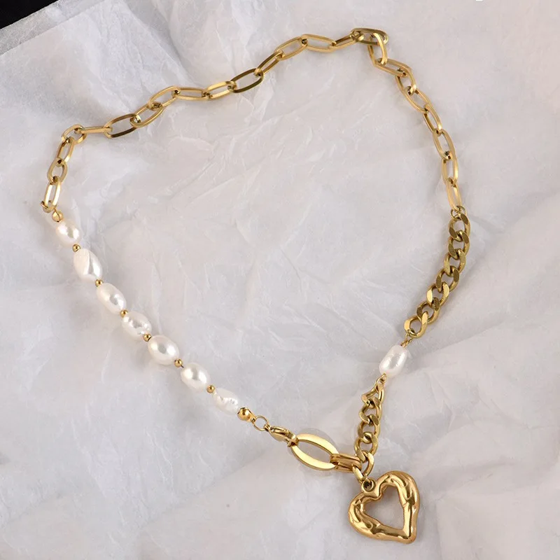 Wholesale New Non Tarnish Stainless Steel 18k Gold Plated Pearl Heart Pendant Jewelry Women Necklace