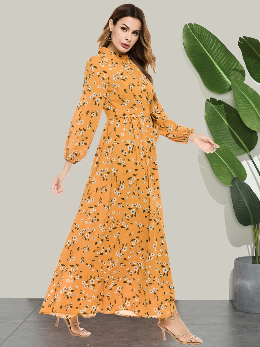 2021 Arabic Latest Design High Neck Long Sleeve Maxi Dress Dubai Fancy Printing Yellow Flower Abaya