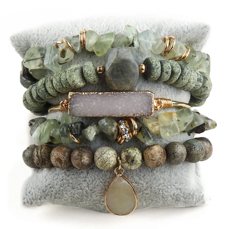 New Beautiful Elastic 5pc Jewelry  Natural Stone Gravel Bracelet Druzy Bangle Drop Cross Pendant  Stack Bracelets Set