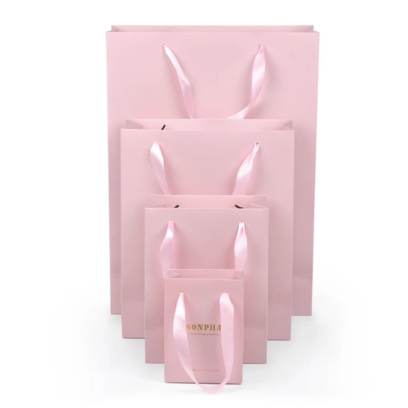 Boutique Bolsa De Papel Pink Printing Paper Shopping Bag With Ribbon Handles Clothing Packaging Custom Logo Paper Bags