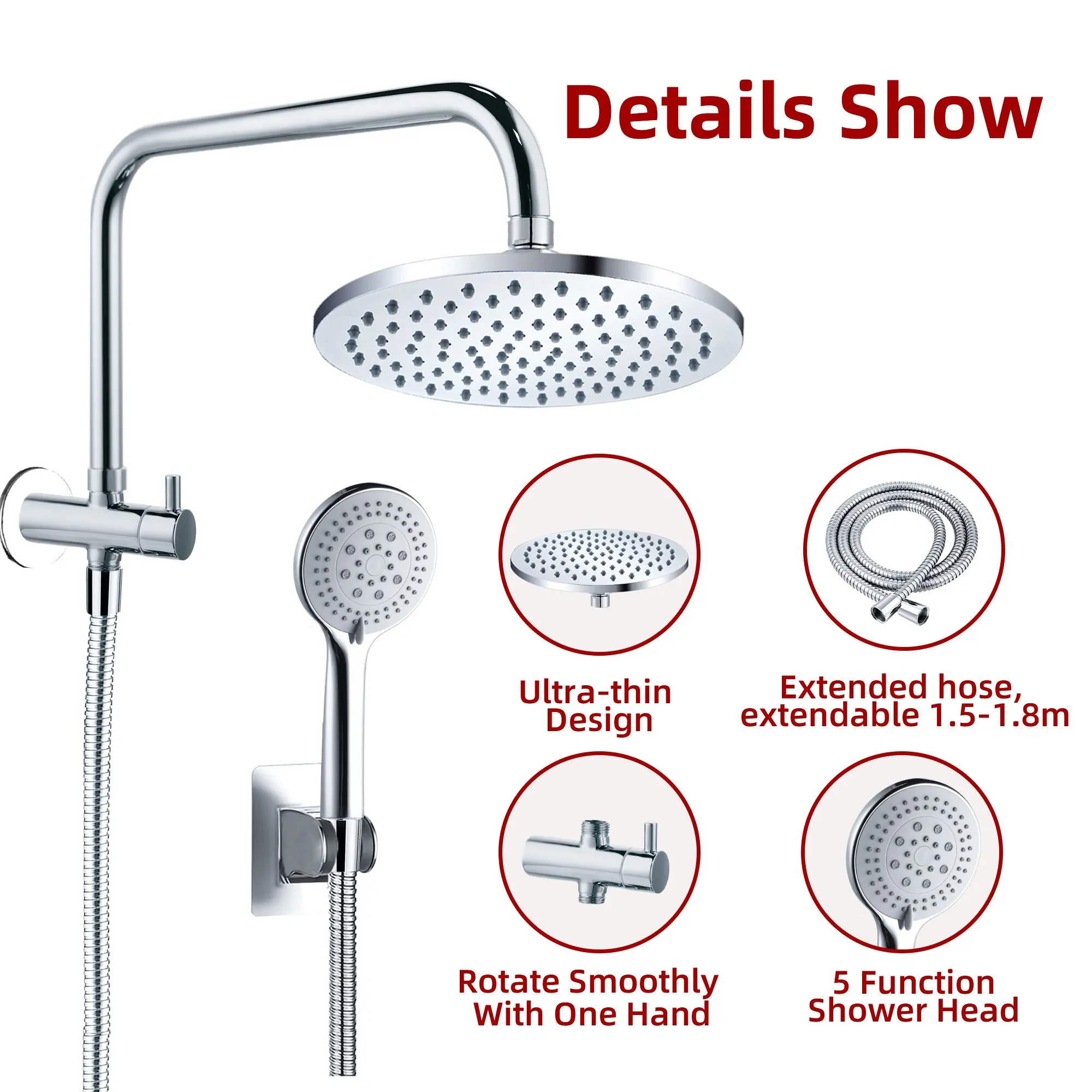Adjustable Shower Set With 8 Inch High Pressure Rain Shower Head  And 5 Settings Handheld  Shower Spray With 1.5-1.8 m Long Hose