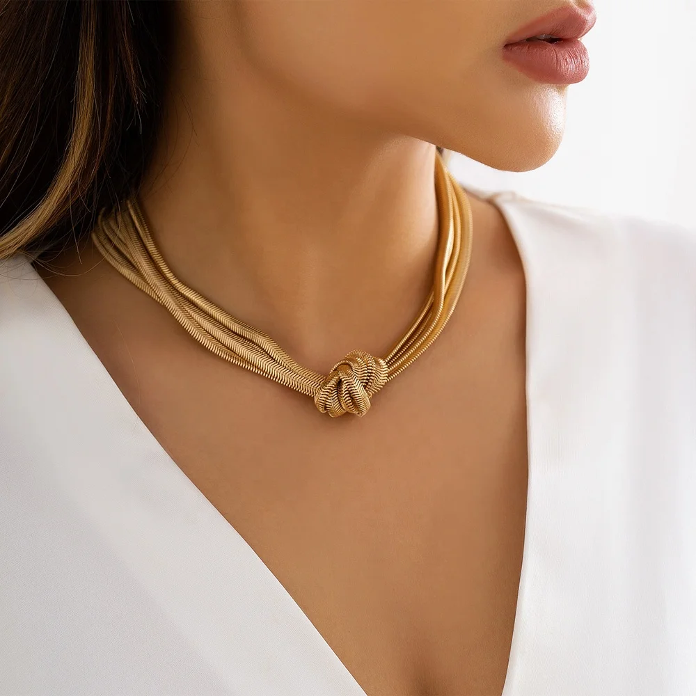 Hip Hop Punk Double Layer Snake Choker Gold Knot Herringbone Chain Necklace Women Jewelry
