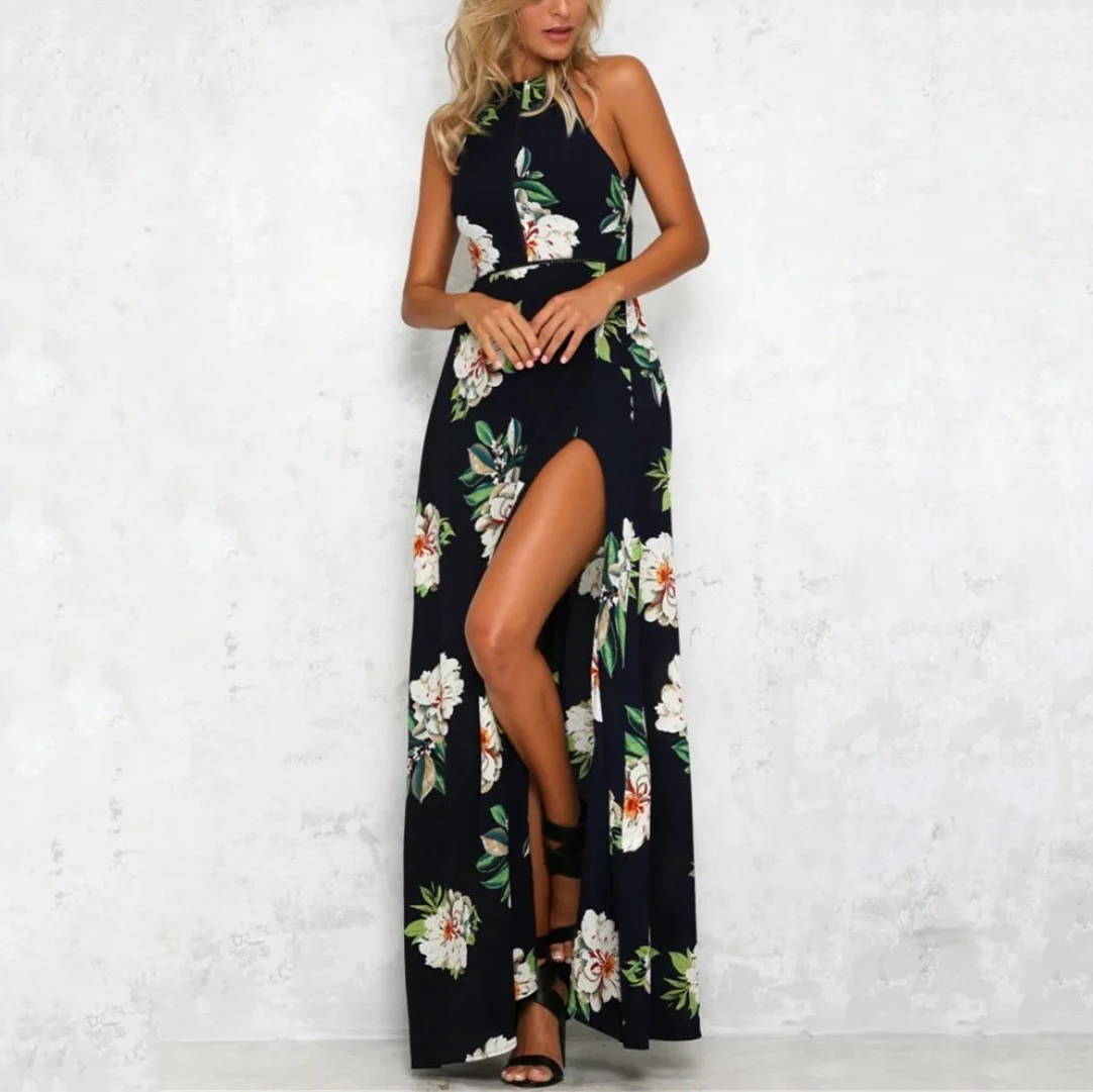 Ladies Open Back Long Skirt Silk Chiffon Casual Evening Dress O-neck Print Plus Size Dress