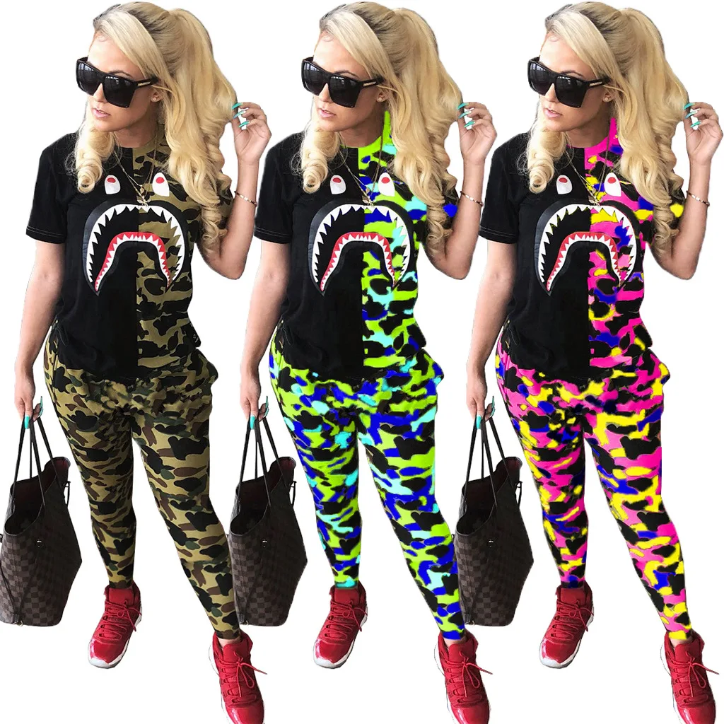 New Arrived Ladies Fashion Trend Two Piece Set Shark Mouth Camouflage Color Matching Round Neck T Shirt Pant Casual Women