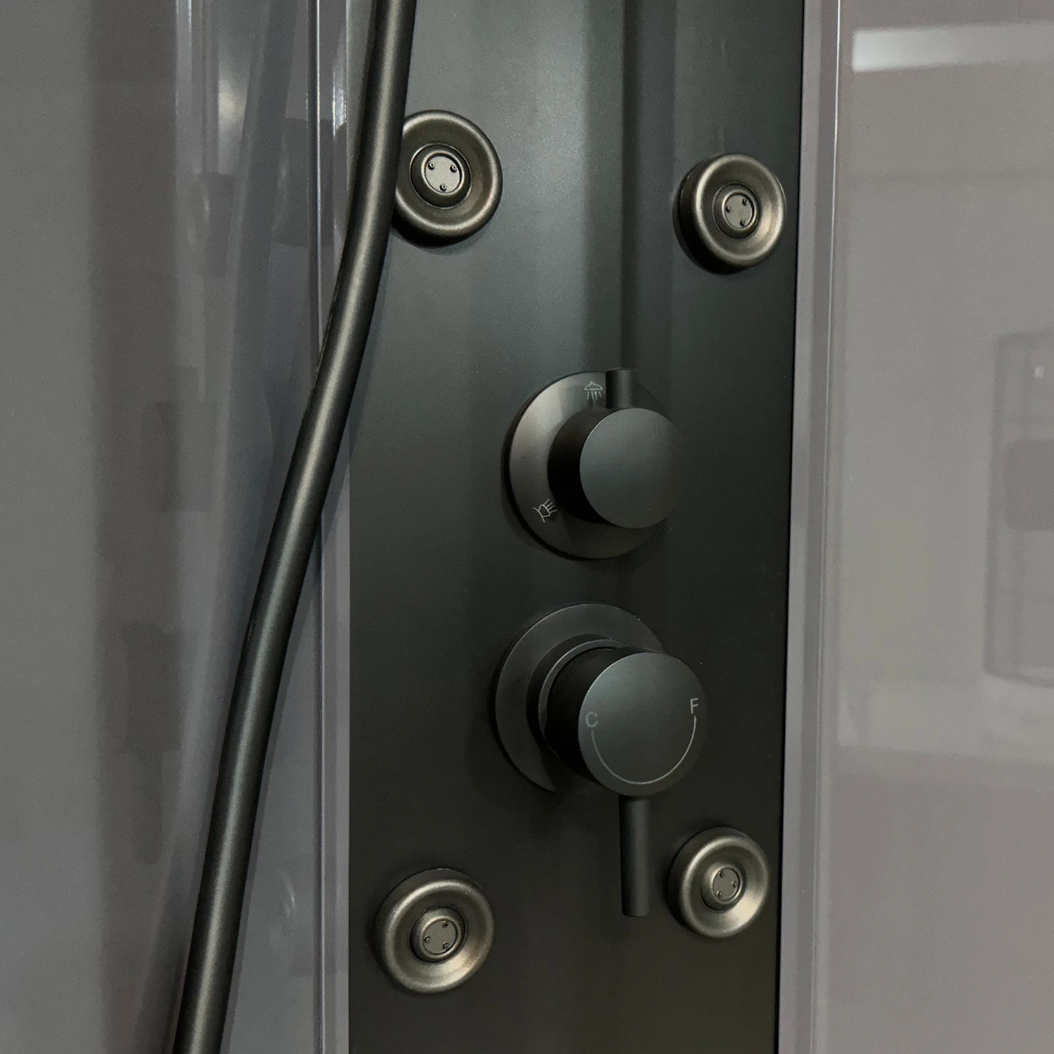 Sliding Open Style ABS Sector 5mm Tempered Glass Hand Shower Faucet Grey Glass Back Panel Black Aluminum Profile Shower Room