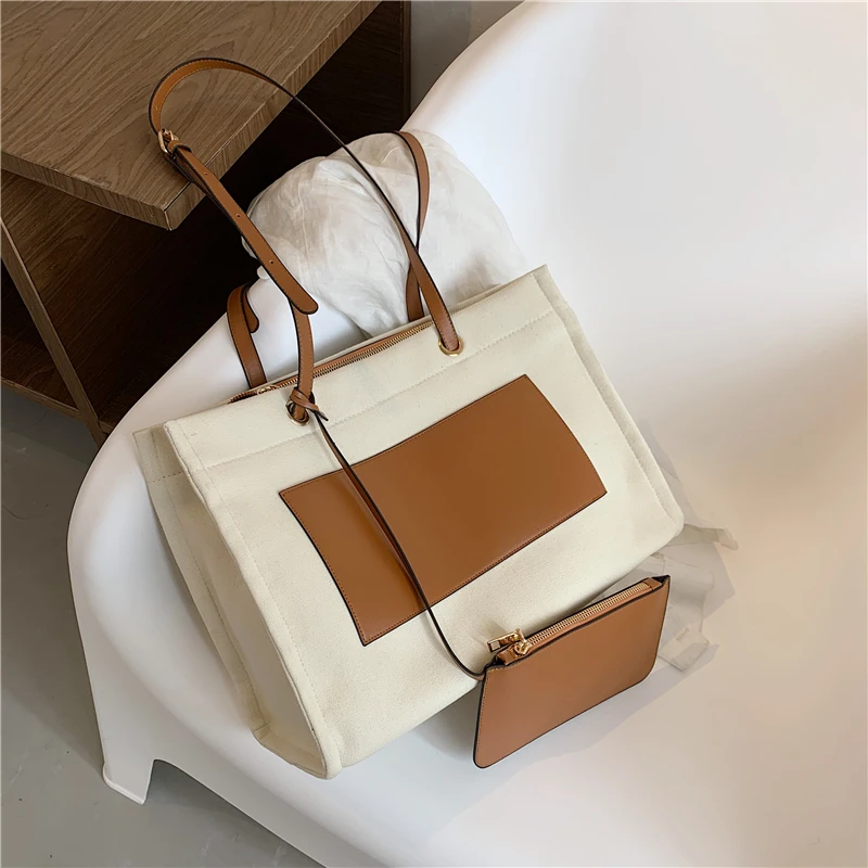 
STABILE new arrive women tote canvas bag high quality tote bag leather handle with PU change pocket 