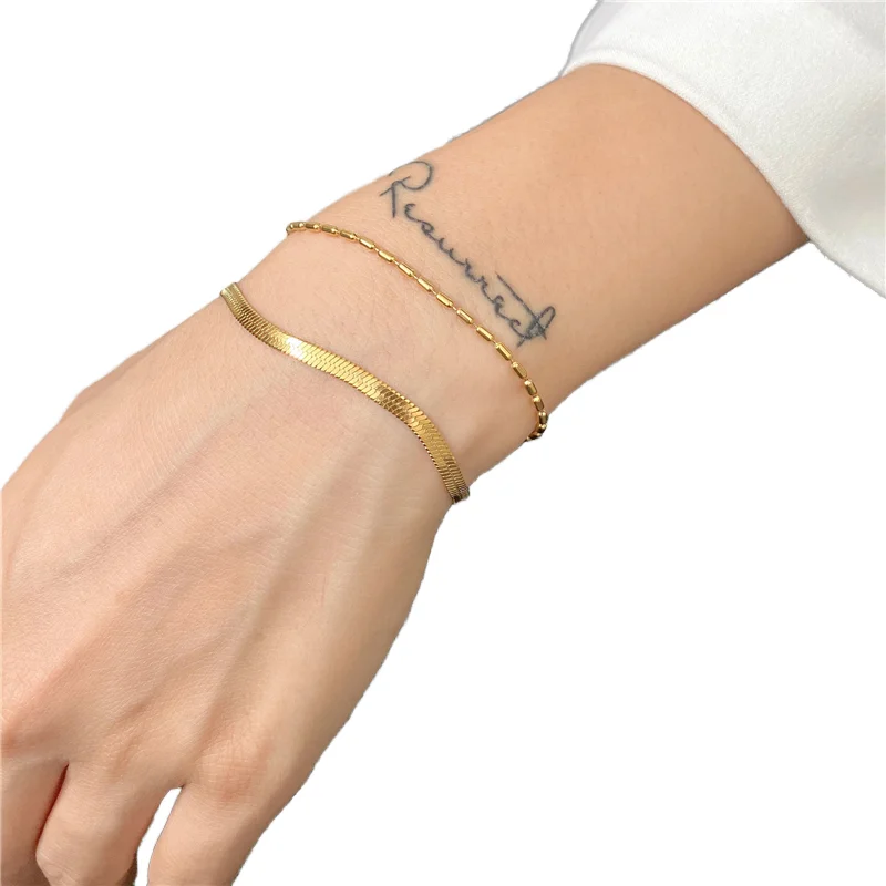18K Gold Plated Stainless Steel Snake Chain Bracelet Set Fashion Jewelry Small Rice Beads Double Layer Flat Bracelets