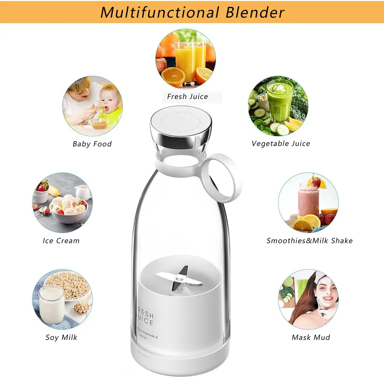Cup Design 380ml Mini Juicer Blender Portable with Stainless Steel Blade for Fruit Milk Mixing Juice