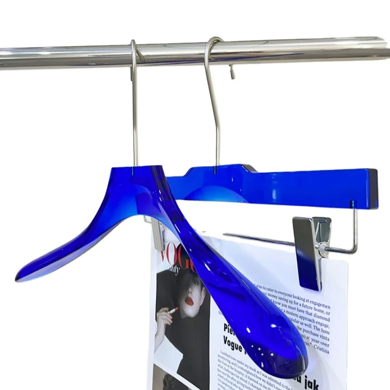 High Quality Acrylic Lucite Hangers Custom LOGO Coat Pants Blue Wide Shoulder Acrylic Coat Hanger for Man