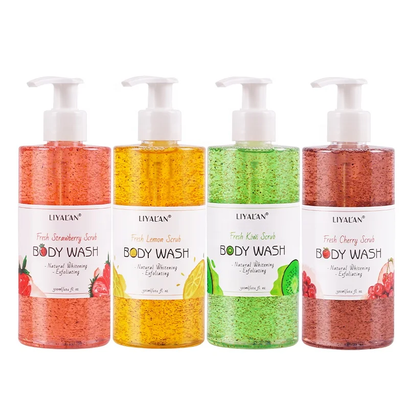 Private label Shower Gel Skin Whitening Bodywash Organic Fruit Seed Exfoliating Scrub Body Wash