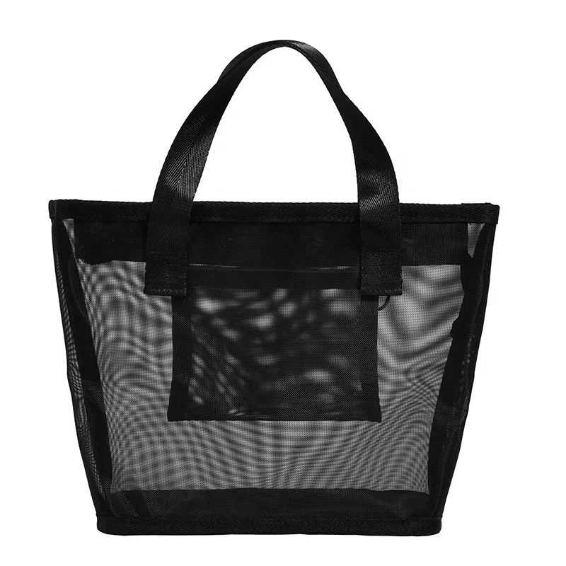 Factory Wholesale Black Mesh Makeup Pouch Organizer Travel Wash Bag Beach Round Toiletry Bag Net Bathroom Mesh Cosmetic Bag