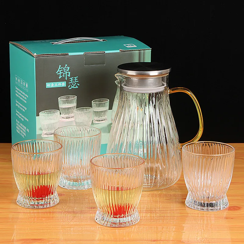 1.6L Clear Striped High Borosilicate Glass Water Pitcher With Lid and Spout Gift Box Glass Water Jug With 4pcs Glass Cups