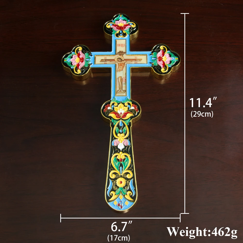 New Design Orthodox Cross Gold Plated Jesus Icon Crucifix Colored Flower Enamel Decor Bishop Handheld Cross Religion Gift