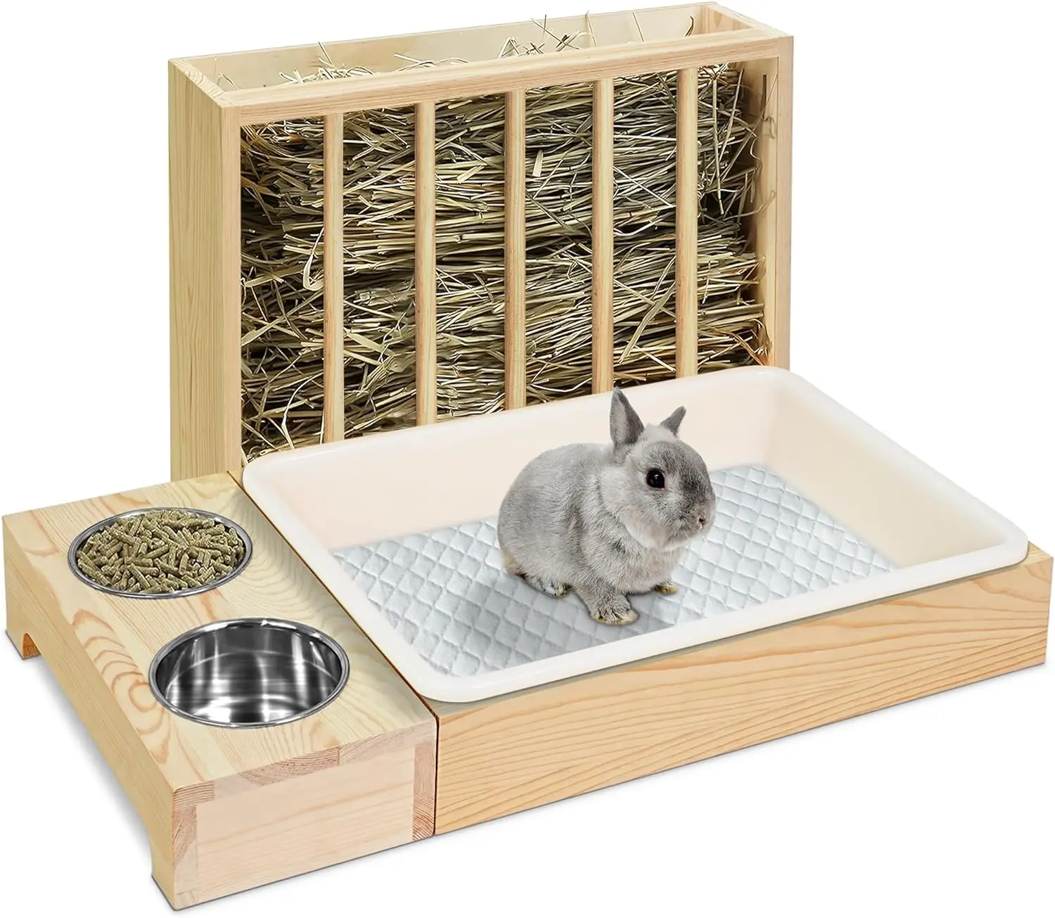 Wooden Rabbit Hay Feeder with Litter Box Hay Holder with Toilet Small Animal Hay Holder Rack