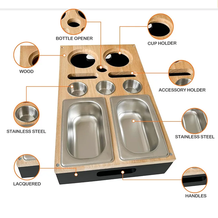 Wood Couch Snack Caddy Tray Stainless Steel Bowls Dip Cups, Sofa Dispenser Sofa Snack Tray with Drink Holders