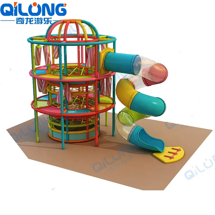 Indoor Playground Equipment With Big Slides Straight Slide And Zip Line