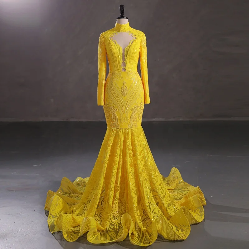 Latest Design Sexy Deep V Mermaid Sequin Yellow Evening Dresses With Long Sleeve