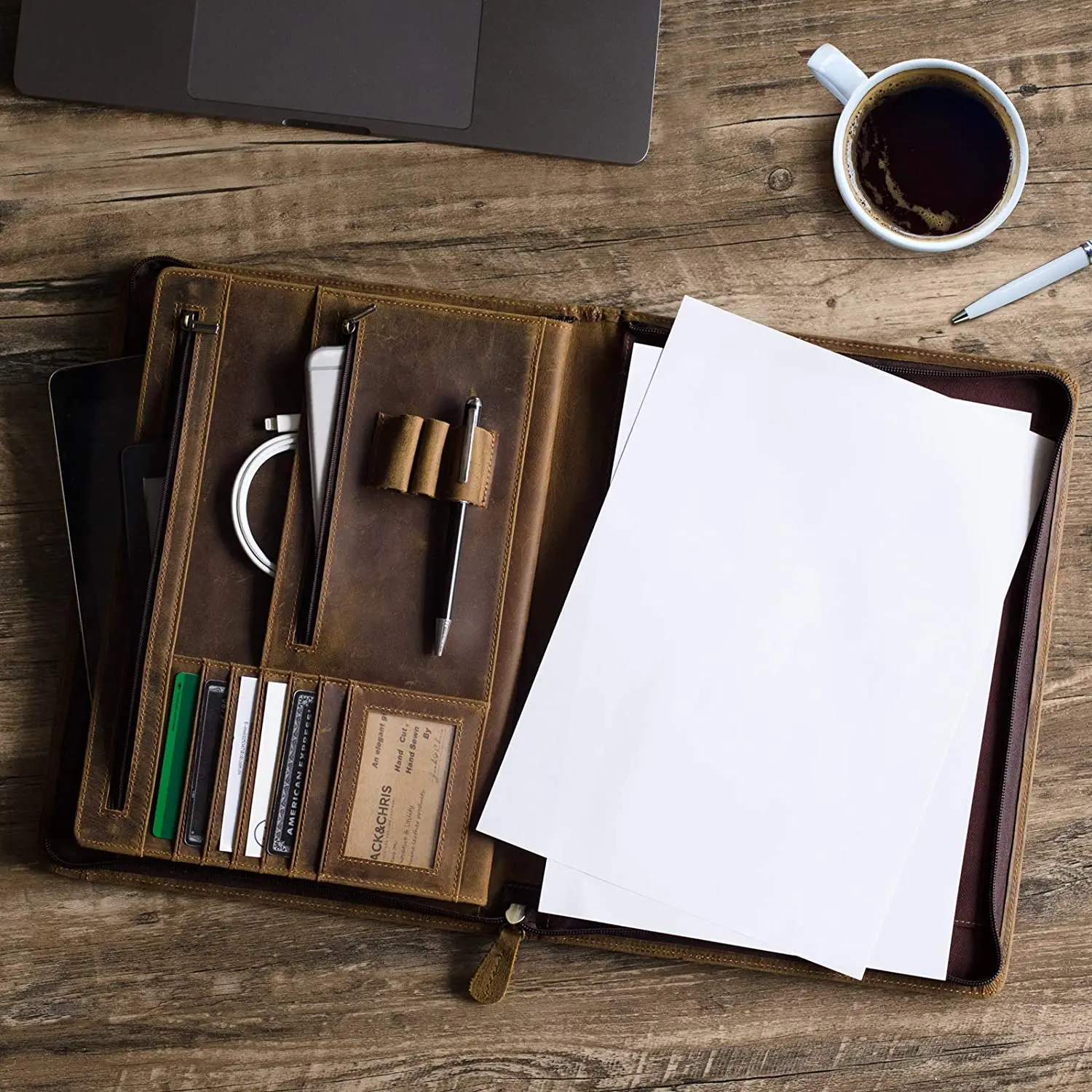 Custom Water Resistant Padfolio Portfolio Genuine Leather Binder Business Folder Resume Document Organizer Notebook with Zipper