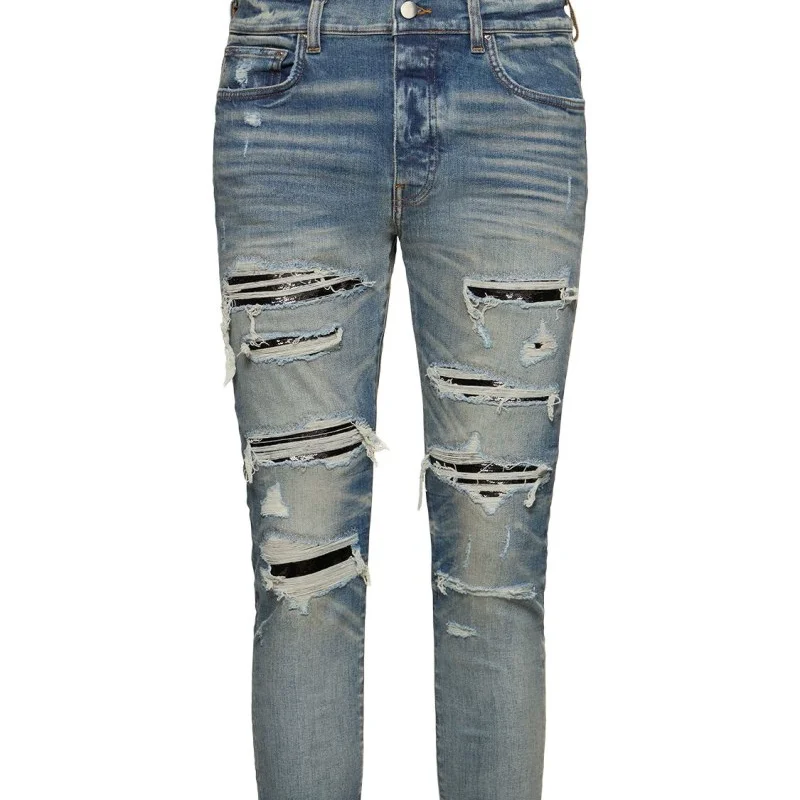 zhuoyang garment Custom Distressed Washed Stylish Ripped Hole Skinny Jeans Men Blue Denim Jeans Pants