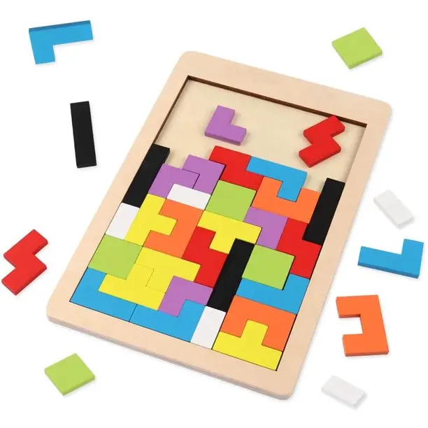 Wooden Blocks Puzzle Brain Teasers Toy Tangram Jigsaw Intelligence Colorful 3D Russian Blocks Game Montessori Educational Gift