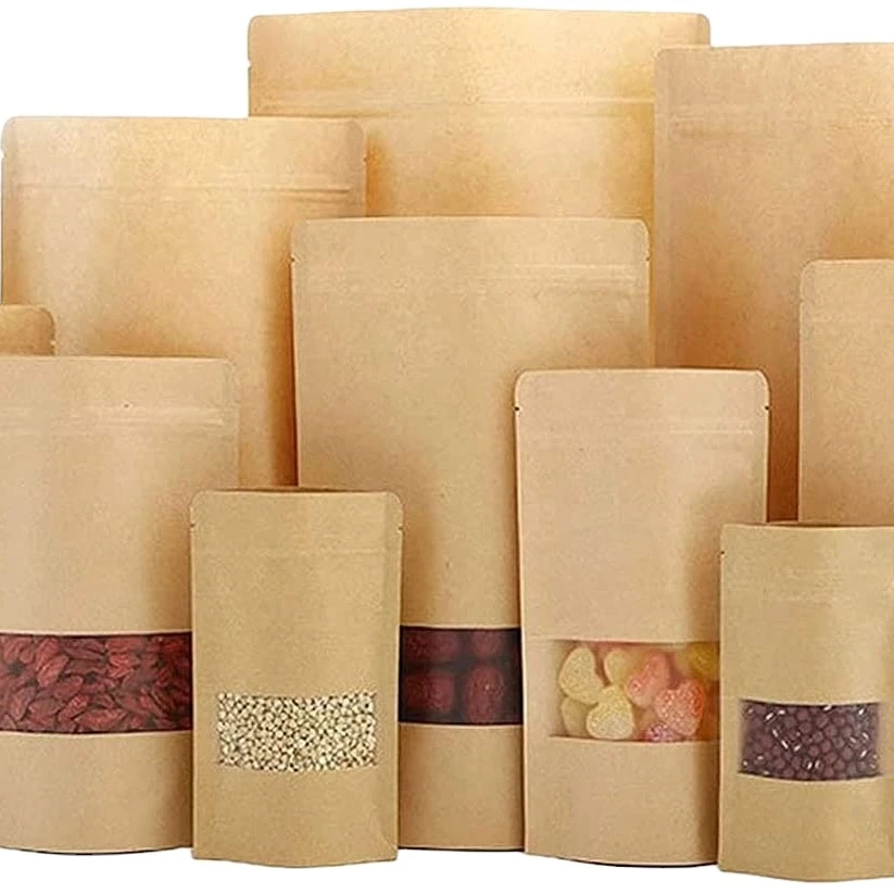 Eco Food  Zipper Stand up Pouch Packaging Compostable Zip Lock Kraft Paper Snack Nut Doypack Bag with Window