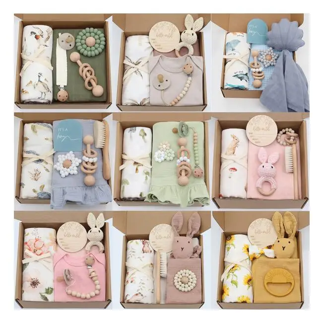 New Arrival Baby Swaddle Gift Set 100% Cotton Newborn Shower Receiving Muslin Blanket Solid Pattern Knitted Wrap