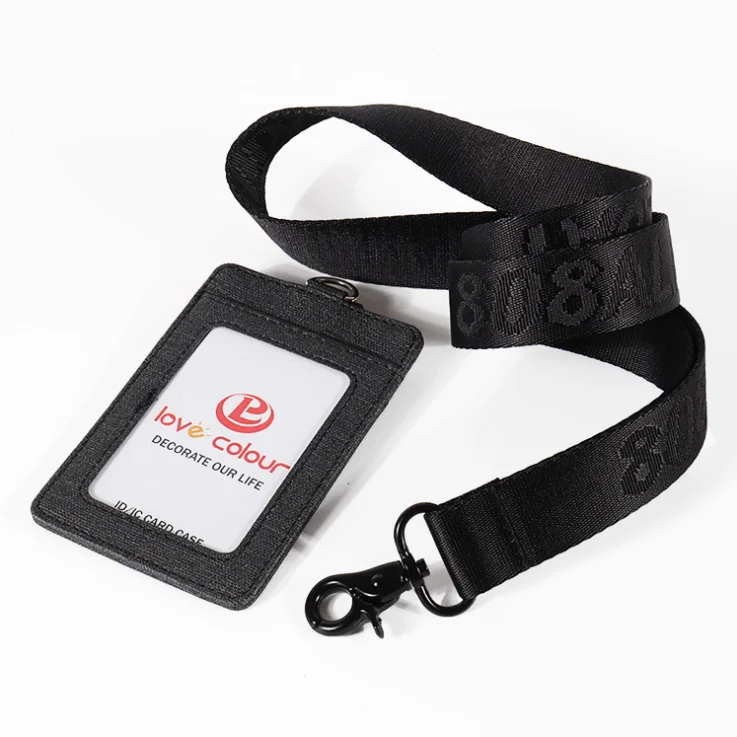 Custom High quality Woven Logo Lanyards 2.5 cm Keychain Black Nylon Lanyard with PU Leather Card