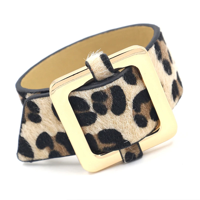 Adjustable Golden Buckle Leopard Horse Hair PU Leather Wide Bangles Bracelet for Women